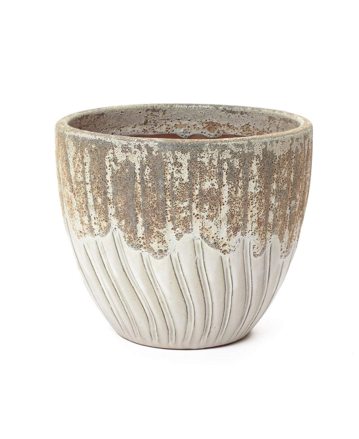 LuxenHome Boho Earth Ceramic Planter, 12” Tall Round Pot with Vertical Grooves & Artisan Texture - White, brown | Macy's