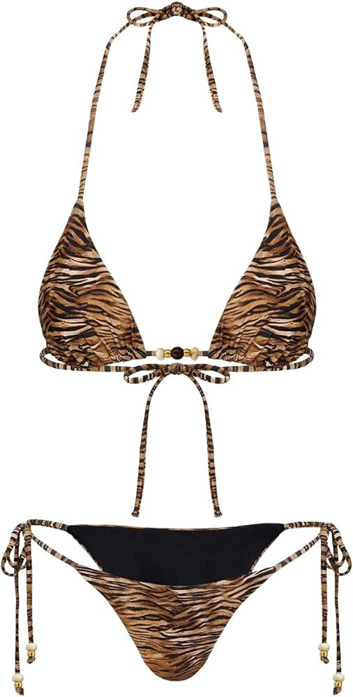 Women's 2 Pieces Zebra Striped Bikini Set Halter Triangle Swimsuit Y2K Tie Side Bathing Suit | Amazon (US)