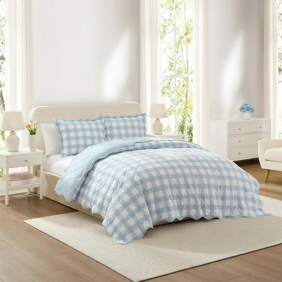 Hallmark Checkered Bliss 3-Piece Blue Scalloped Adult Quilt Set, King | Walmart (US)