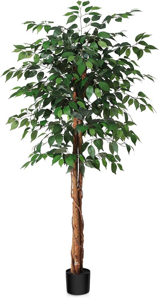 5ft Artificial Ficus Tree with Natural Wood Trunk, Silk Fake Ficus Tree in Plastic Nursery Pot, F... | Amazon (US)