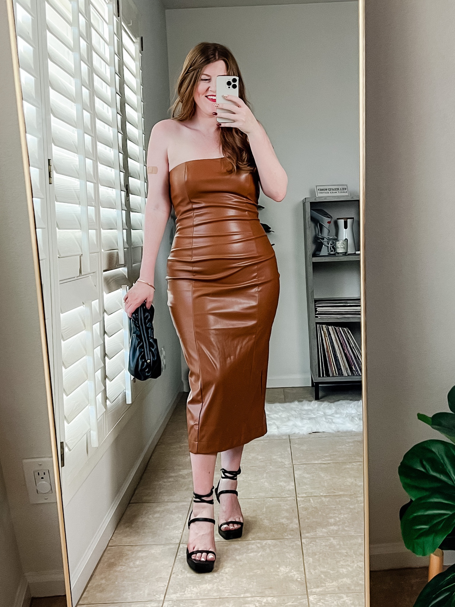  XLLAIS Women Strapless Tube Midi Dress Sexy Bodycon Party Dress  Fall Leather Outfits Brown Small : Clothing, Shoes & Jewelry
