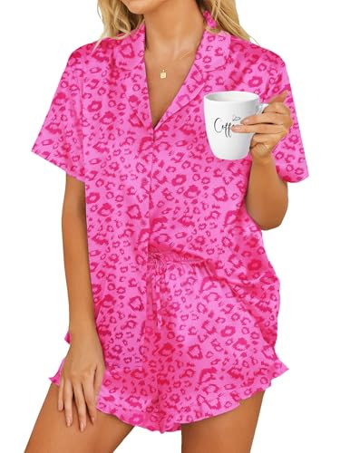 HOTOUCH Womens Satin Pajamas Set Button Down 2 Piece Silk Pjs Shorts Set Ruffle Lingerie Notch Co... | Amazon (US)