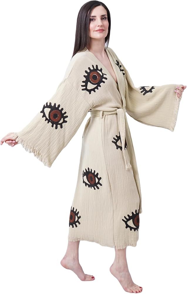 Handmade Brown Evil Eye Boho Festival Kimono Evil Eye Robe Beachwear Cover Up Robe Spa Robe Festi... | Amazon (US)
