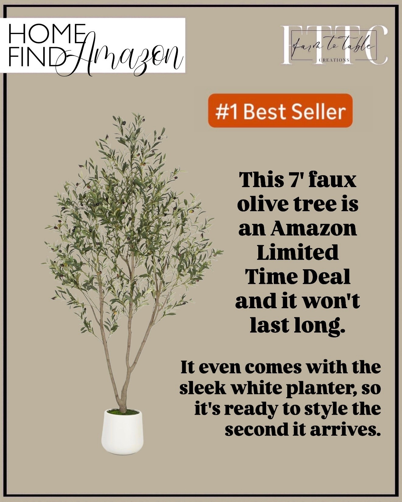7’ Faux Olive Tree — Amazon Best Seller Limited Time Deal
Follow @farmtotablecreations on Instagram for daily home finds & styling inspiration.

This 7’ faux olive tree is one of those timeless staples that instantly elevates any corner of your home. It’s a true Amazon best seller and currently part of a Limited Time Deal, so it won’t last long.

I love how realistic the branches look and how easy it is to style year-round — perfect for living rooms, entryways, bedrooms, or that empty spot that needs a soft organic touch.

It even comes with a sleek white planter, so it’s ready to place and style the moment it arrives. Such an effortless way to add height, texture, and warmth to any space.

#amazonhome #amazonfinds #oliveTree #fauxplant #homedecor #neutraldecor #modernorganic #livingroomdecor #entrywaydecor #homefavorites #amazonmusthaves #plantdecor #interiorstyling #cozyhome #timelessdecor

#LTKHome #LTKSaleAlert