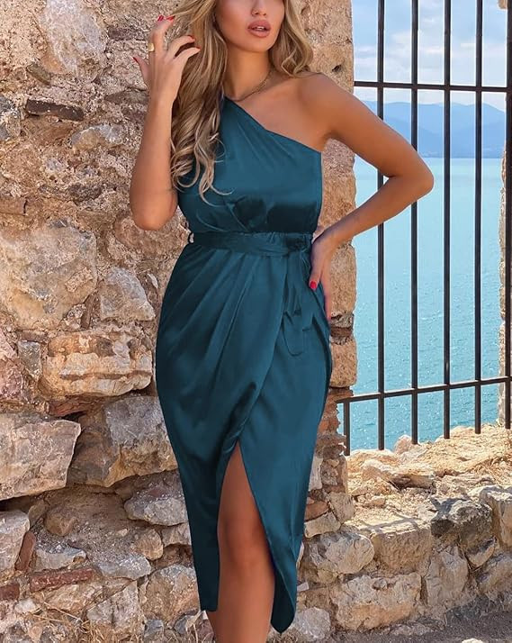 PRETTYGARDEN Women's 2023 Summer Ruched Bodycon Dress Sleeveless One Shoulder Wrap Satin Belted C... | Amazon (US)