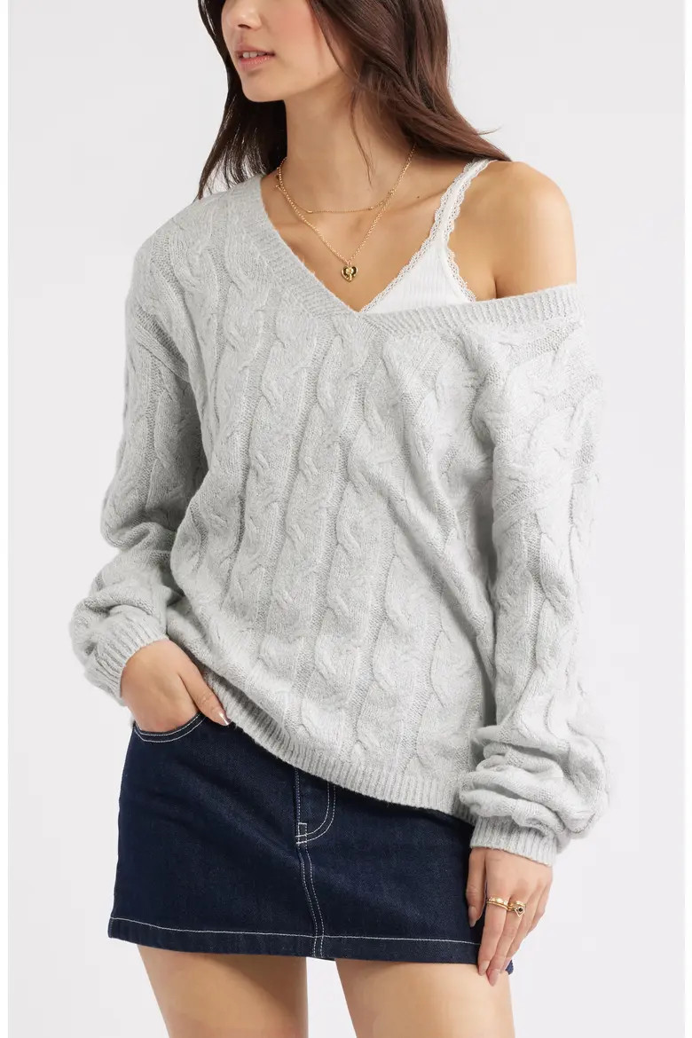 BP. Cable Knit V-Neck Cotton Blend Sweater in Pink Primrose at Nordstrom, Size Large | Nordstrom