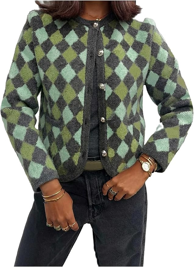 WDIRARA Women's Plaid Checkered Cardigan Sweaters Long Sleeve Button Up Knit Outerwear | Amazon (US)