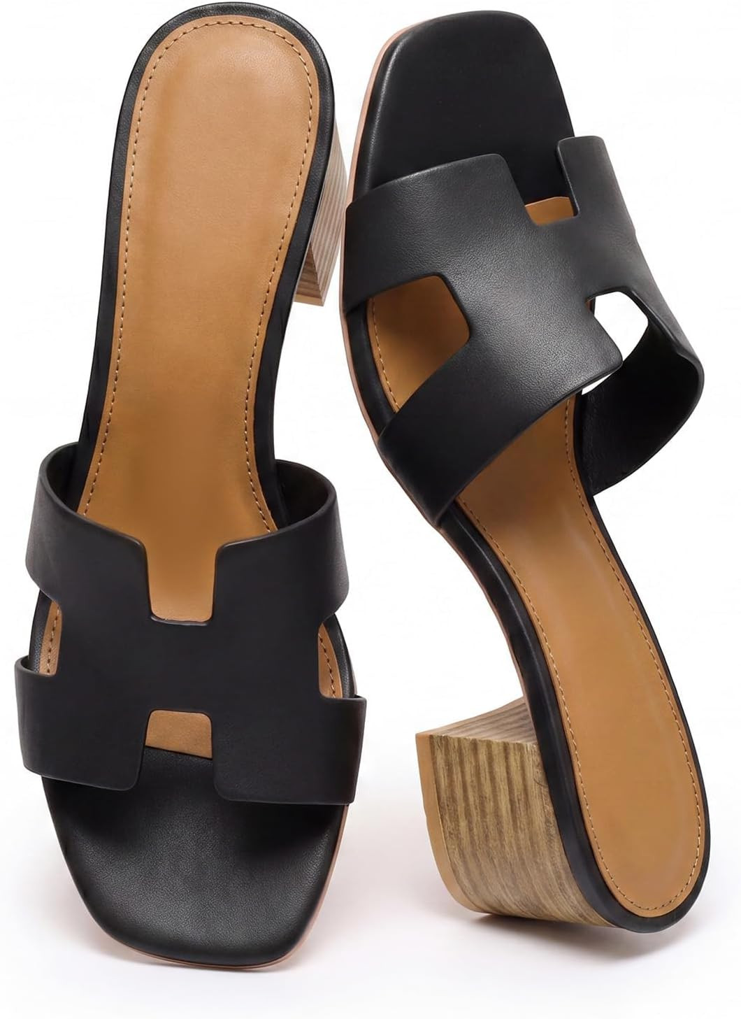Heeled Sandals for Women Low Block Chunky Heels Cutout Strap Square Open Toe Mule Sandals Casual Summer Slip On Slides | Amazon (US)