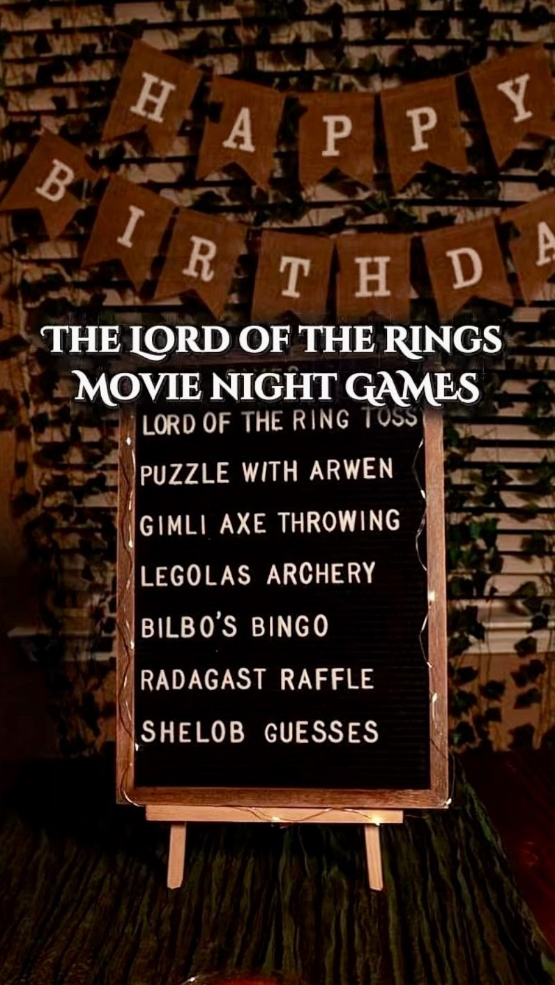 Lord of the Rings Movie Night Games & Prizes! 

Games we played:

💛 Lord of the Ring Toss with some bottles we saved up + the yellow rings I found 

🕷️Shelob’s “Guess how many spiders?” & Amazon gift card for the winner 

🪓 Gimli’s Axe Throwing 

🏹 Legolas Archery

🤍 Middle Earth Map puzzle with Arwen…whoever put it together the fastest got to keep the coasters of middle earth! 

❤️ Bilbo’s Bingo & gift card for the winner 

✨A raffle for a themed gift basket!

It was such a fun night!

#LordOfTheRingsParty #LOTRNight #lotr #movienight  #LOTRGames
