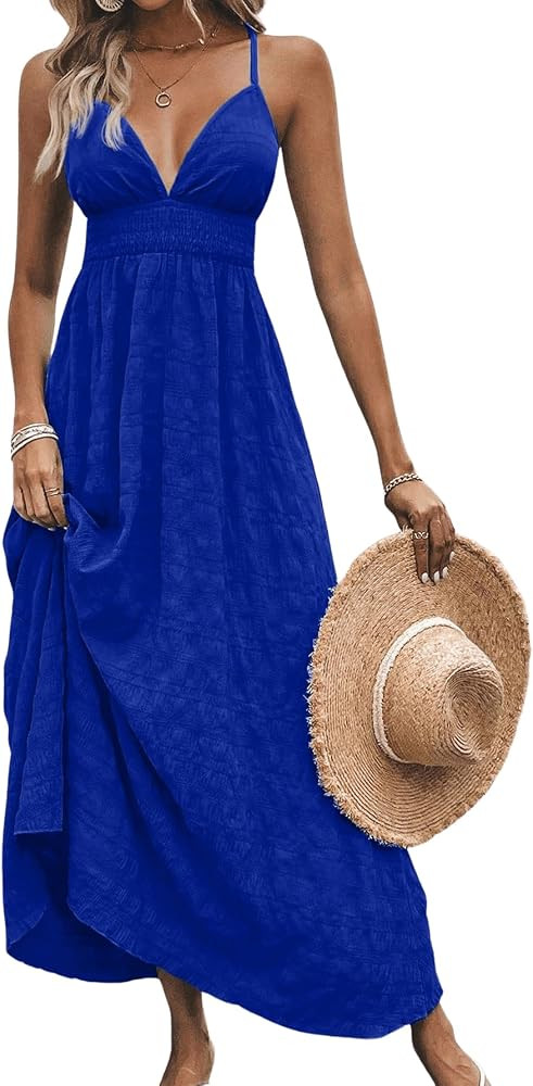 Milumia Women's Summer V Neck Backless Maxi Dress Boho Spaghetti Strap A Line Flowy Beach Long Su... | Amazon (US)