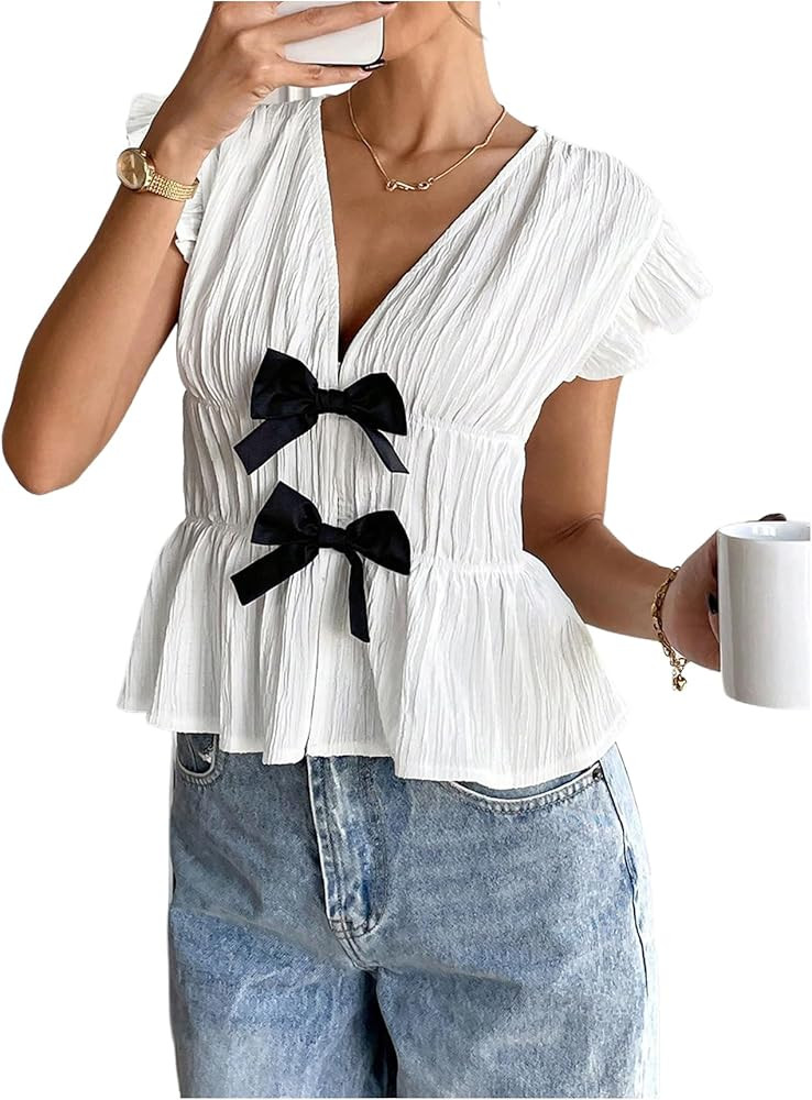 Milumia Women's Bow Front Deep V Neck Peplum Top Cap Sleeve Ruffle Trim Blouse Shirt | Amazon (US)