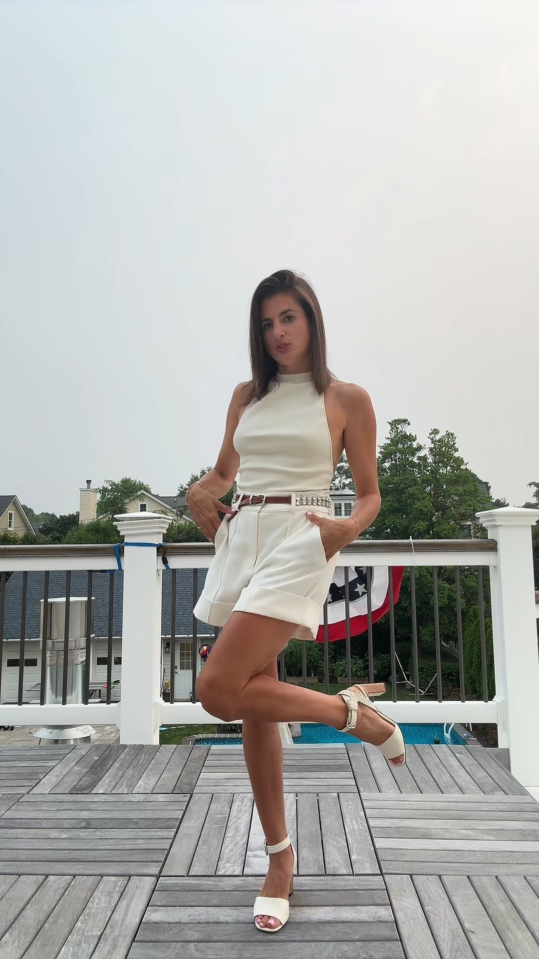 All white @cultgaia bodysuit from Curio Faena with @cinqasept shorts and @jimmychoo heels