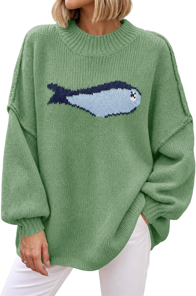 Saodimallsu Womens Fish Graphic Oversized Sweater Chunky Mock Neck Pullover | Amazon (US)