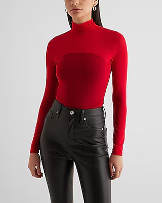 Fitted Mesh Mock Neck Long Sleeve Bodysuit | Express