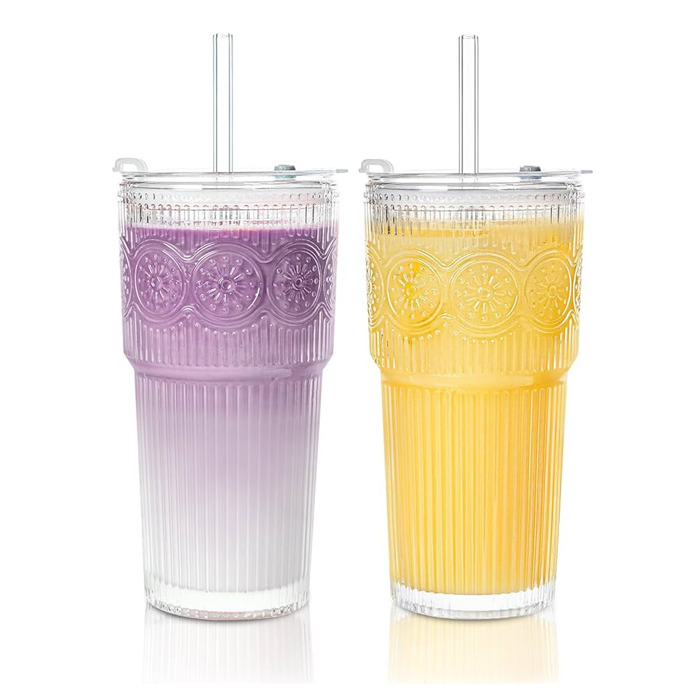 20oz Ribbed & Floral Glass Tumbler Set of 2 – Reusable Glass Cups with Lid and Glass Straw, To-... | Amazon (US)