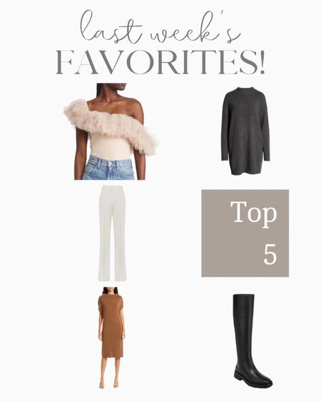 Last week’s best sellers!
Sweater dress, Free People top, winter white trousers, knee high boots 