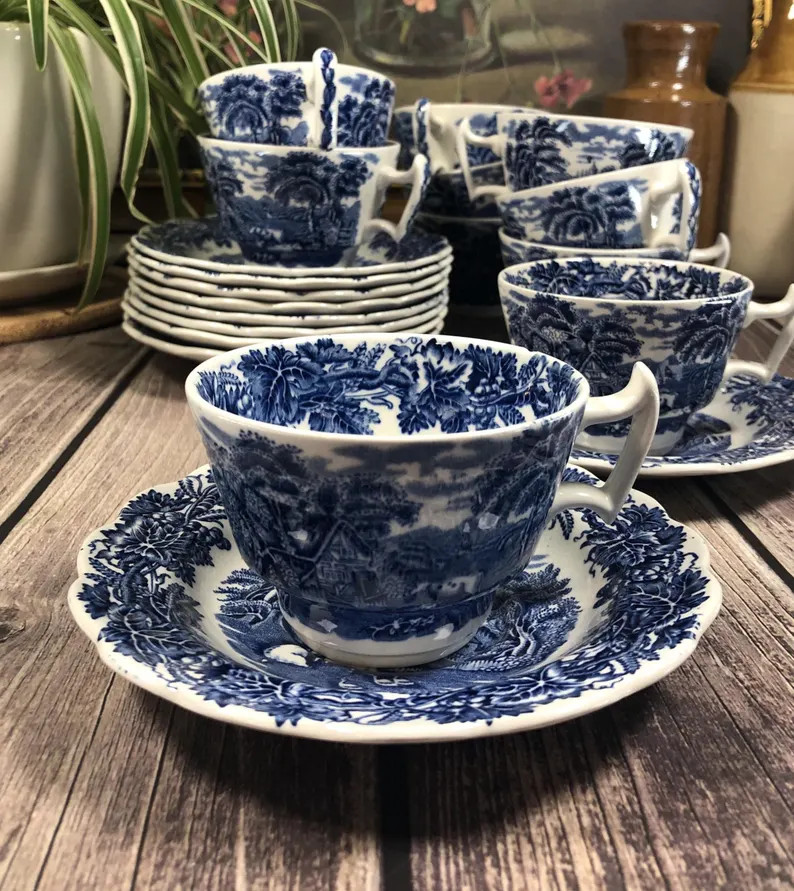 Vintage Blue Transferware Teacups and Saucers "British Scenery", Booths, England, Sold Separately | Etsy (Global)
