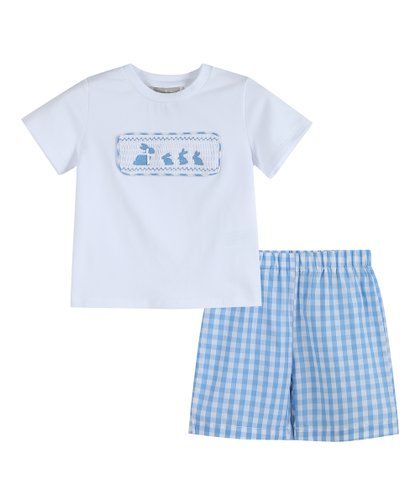 White Bunnies Crewneck Tee & Blue Gingham Bermuda Shorts - Infant & Toddler | Zulily