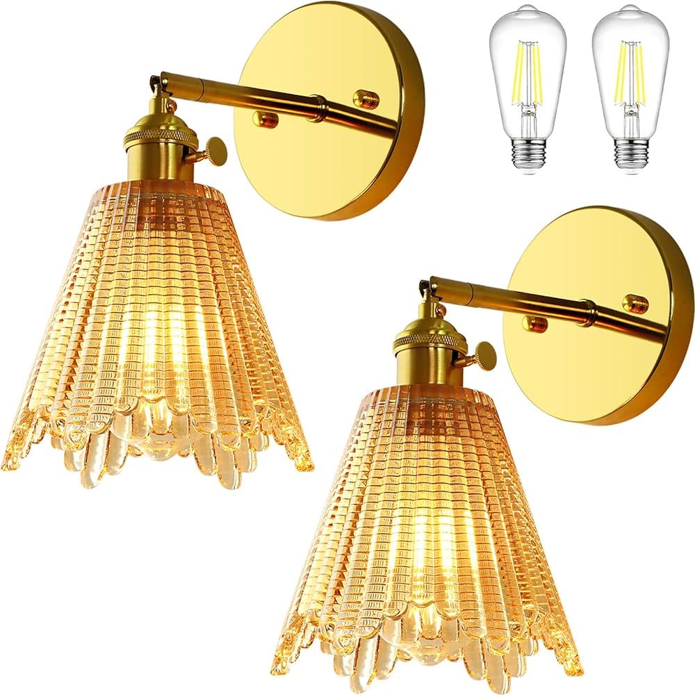 Gold Glass Wall sconces Set of 2, Brass Sconce Amber Glass Shade with knob Switch, Vintage Wall L... | Amazon (US)
