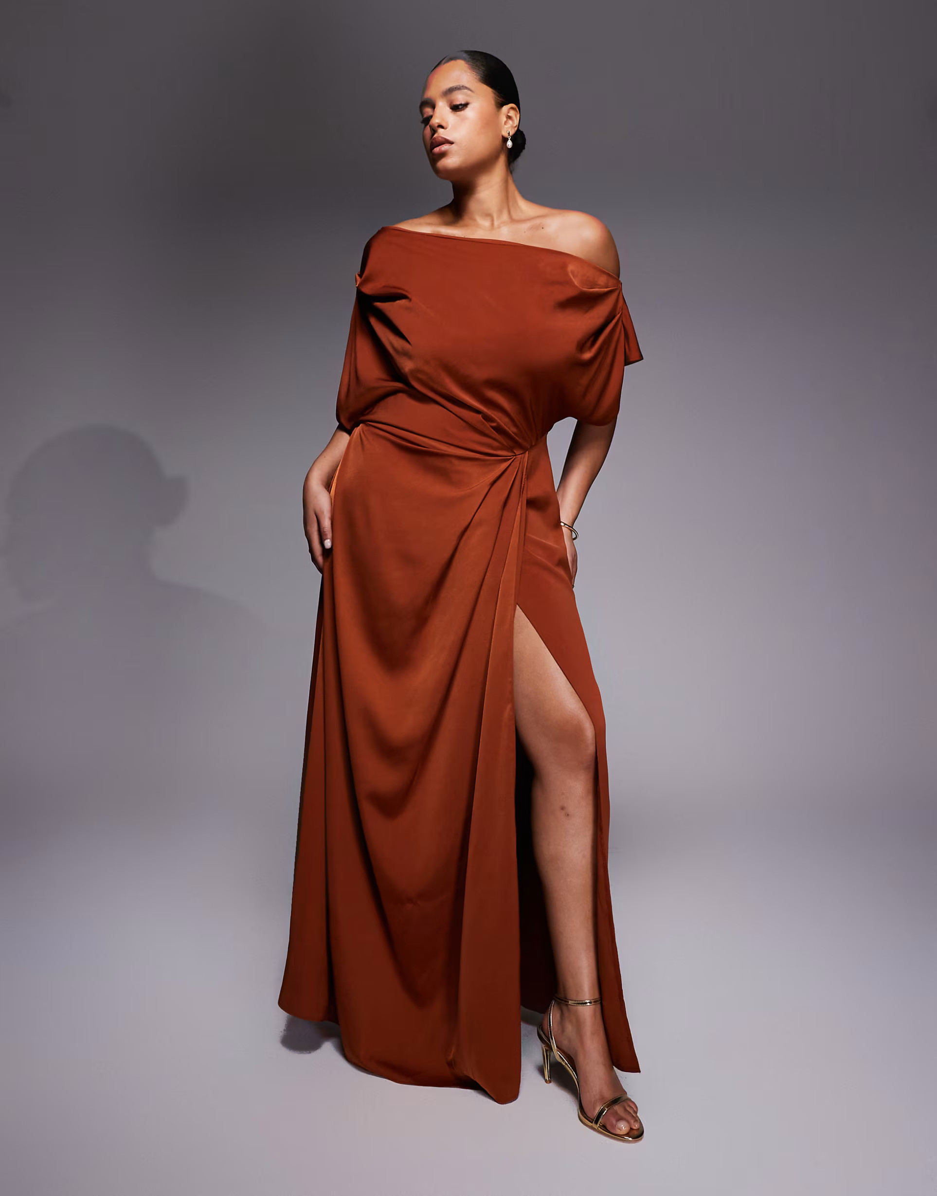 ASOS DESIGN Curve exclusive satin fallen shoulders side slit maxi dress in rust | ASOS (Global)