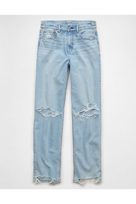 AE Strigid Ripped Super High-Waisted Baggy Straight Jean Women's Crushed Ice 12 Long | American Eagle Outfitters (US & CA)