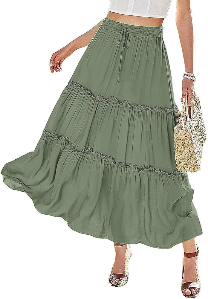 Avanova Women's Elastic High Waist A Line Layer Ruffle Swing Casual Long Maxi Skirt | Amazon (US)
