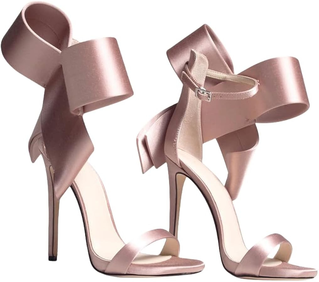 Women's Open Toe High Heel Sandals Big Bow Satin Shoes Stilettos Ankle Strap Pumps Heeled Sandals... | Amazon (US)