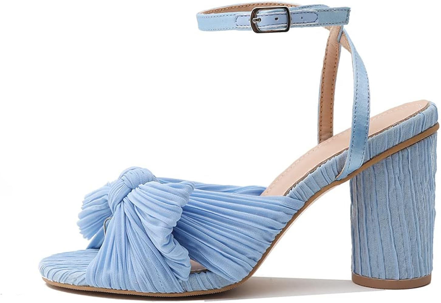 Tscoyuki Women's Pleated Bow Knotted Heels Sandals, Wedding Ankle Strap Open Toe High Block Chunk... | Amazon (US)