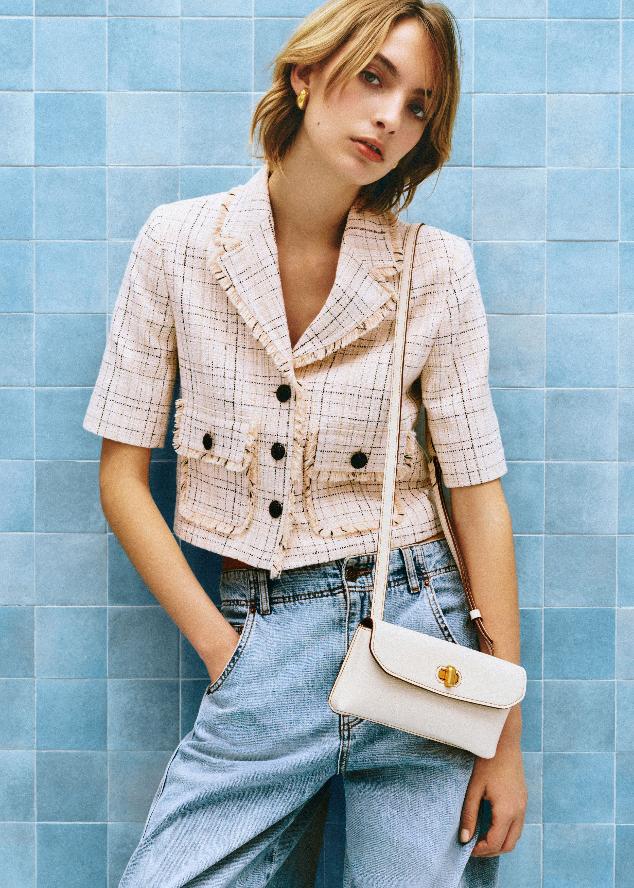 Women's Peach Tweed Short Sleeve Crop Jacket | ME+EM | ME+EM Global (Excluding US)