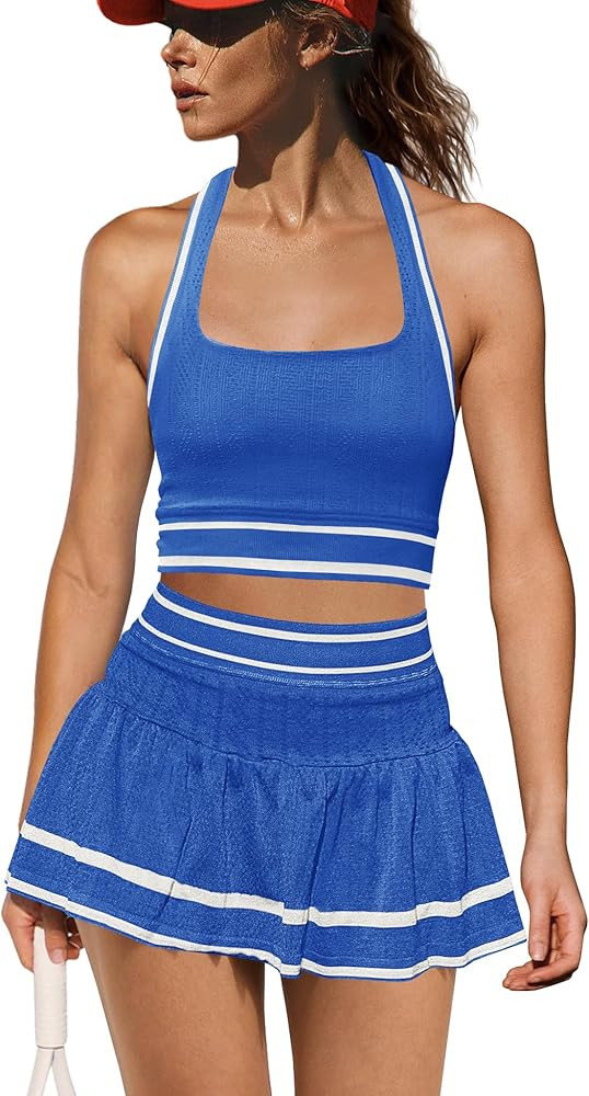 Yanekop Womens Tennis Skirt Set 2 Piece Workout Sets Golf Outfits Athletic Sets Cropped Tank Top ... | Amazon (US)