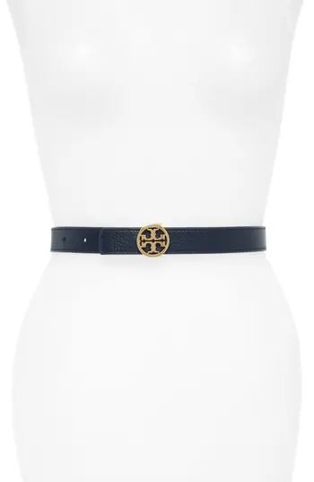 Women's Tory Burch Reversible Logo Leather Belt, Size Large - Royal Navy/ Seltzer | Nordstrom