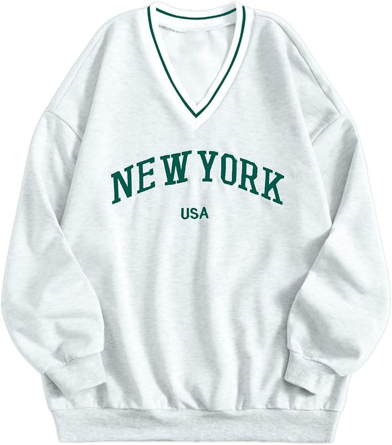 Remidoo Womens New York Embroidered V Neck Sweatshirt Oversized Long Sleeve Pullover Top | Amazon (US)