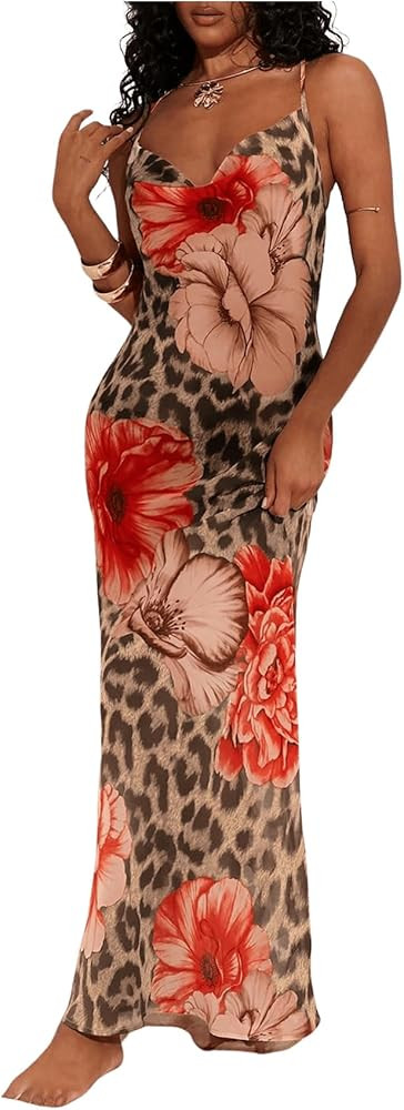 MakeMeChic Women's Mesh Cheetah Floral Maxi Coverup Dress Cowlneck Backless Criss Cross Beach Dre... | Amazon (US)