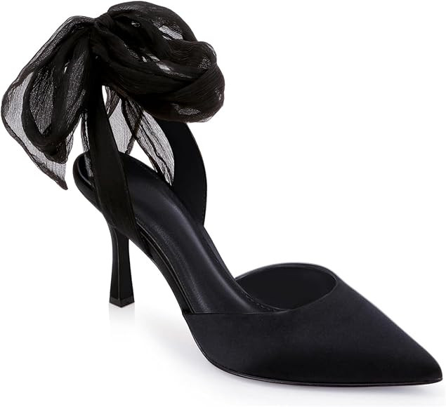 Womens Lace up Satin Heels Bow Pointed Closed Toe Bridal Dress Shoes Low Heel Wedding Elegant Pum... | Amazon (US)