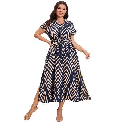 Women's Plus Size Shirt Dress Dressy Summer Button Front Tie Waist Side Slit Rolled Short Sleeve Midi Dress Navy Ripple 3XL | Target