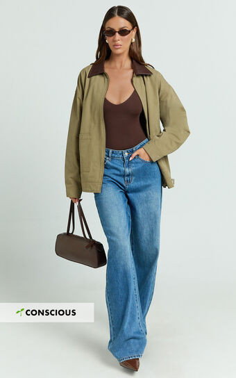 Susie Jacket - Contrast Collar Trucker Jacket in Khaki | Showpo (ANZ)