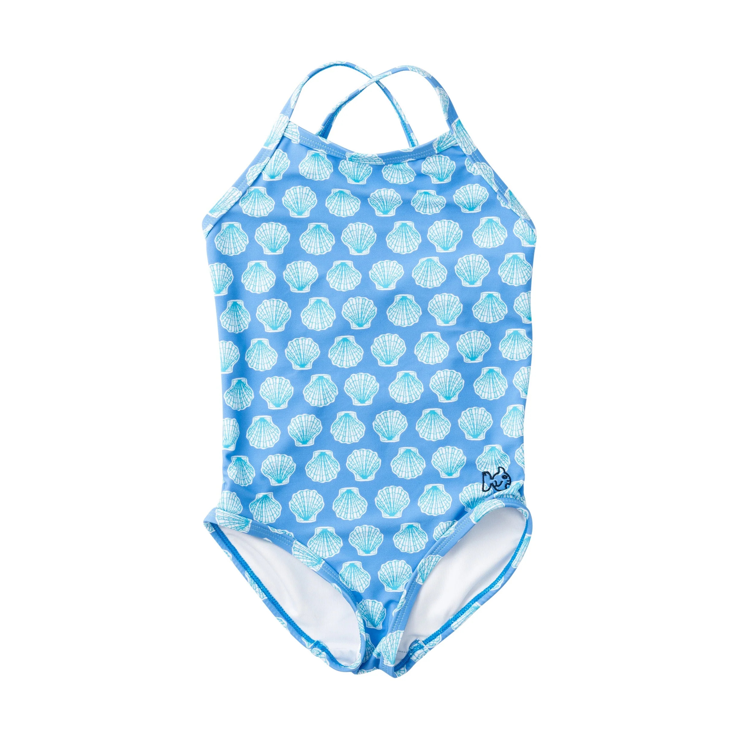 Girls' Spring Tides Bow Back One Piece Swimsuit \u2014 Marina Blue Seashells Print | PRODOH