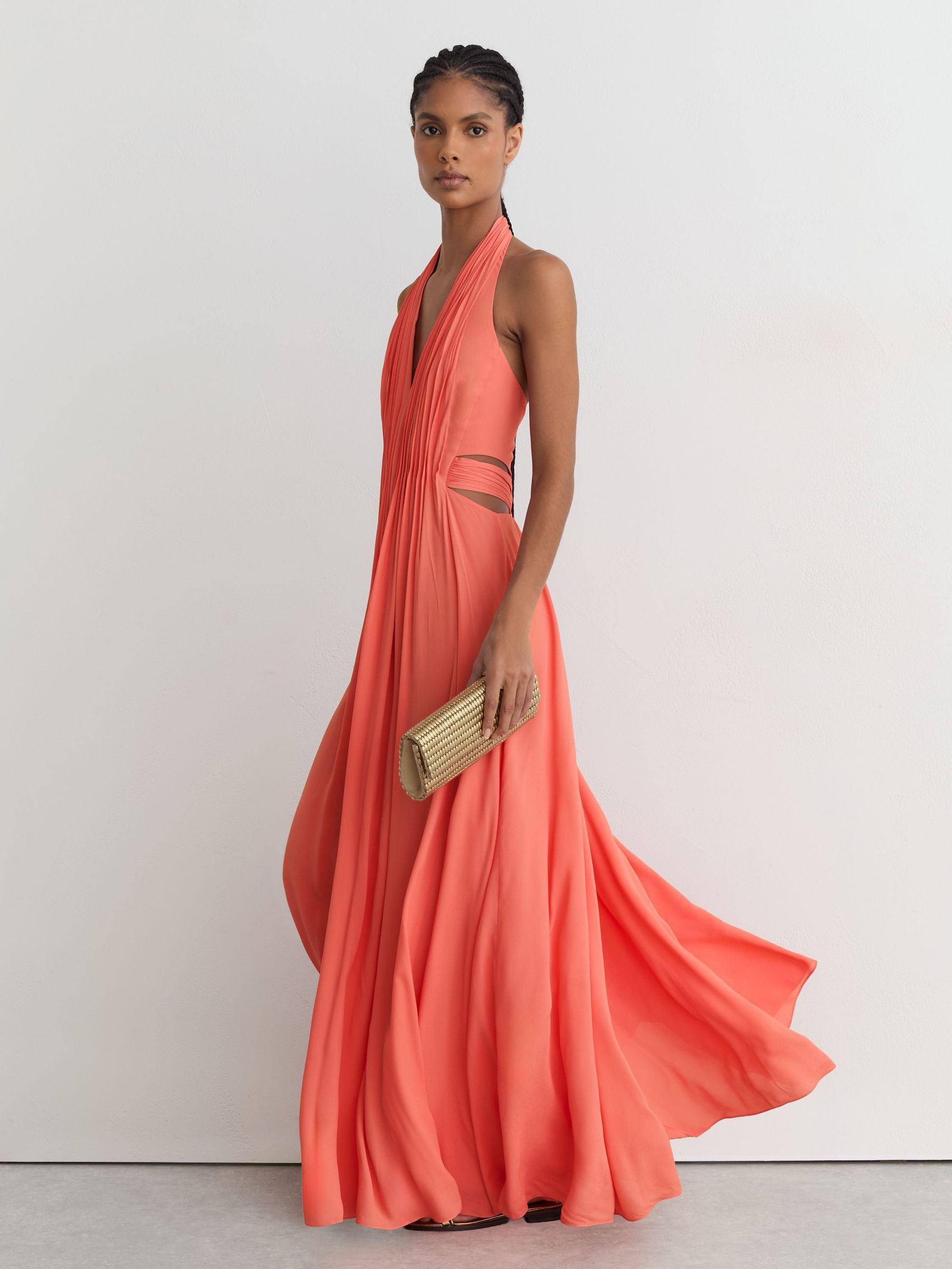Halterneck Pleated Maxi Dress in Coral Pink | Reiss UK