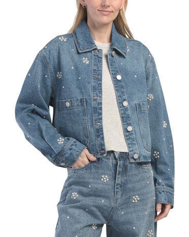 Embellished Flower Denim Jacket For Women, Cotton | TJ Maxx