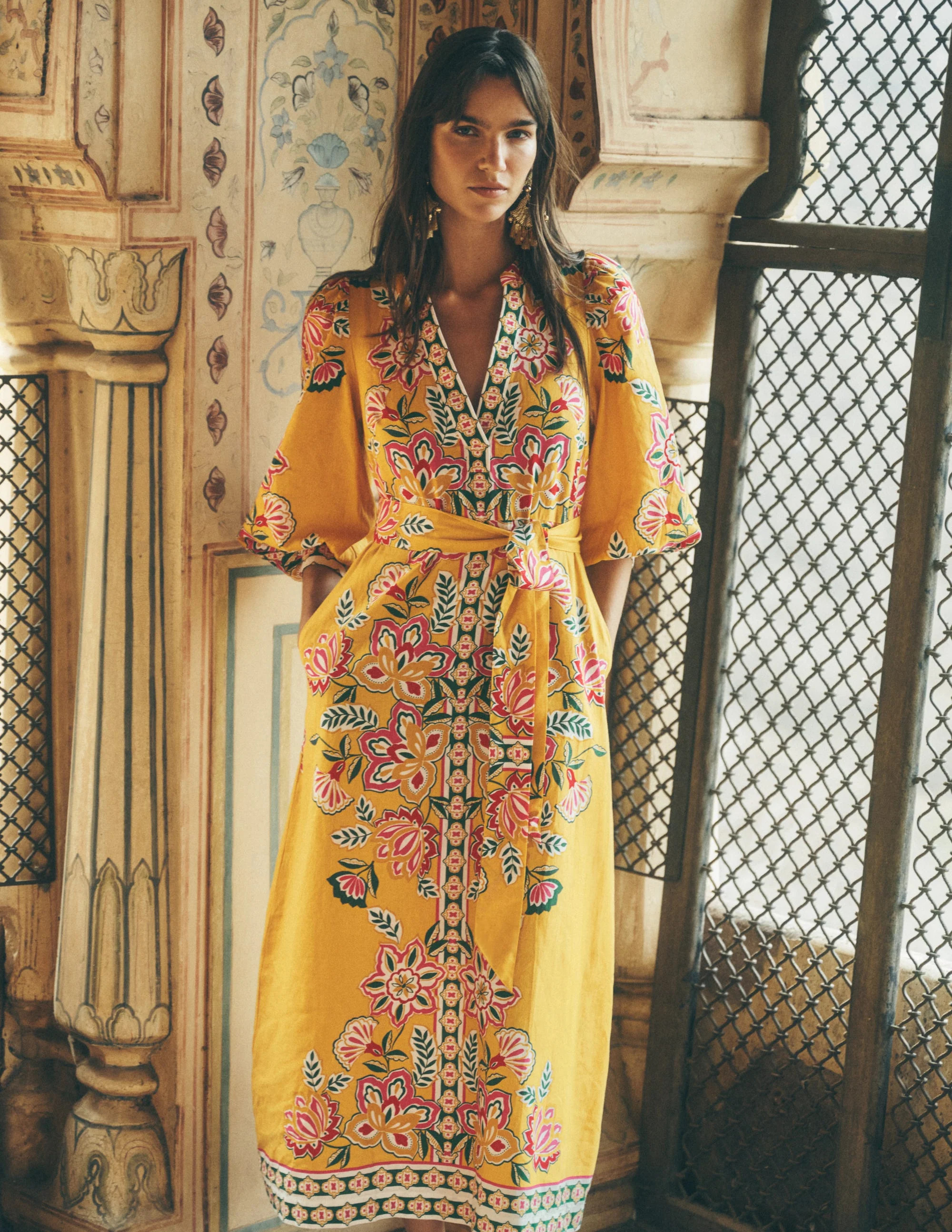 Octavia Linen Blend Dress-Yellow Blossom Elegance | Boden (US)