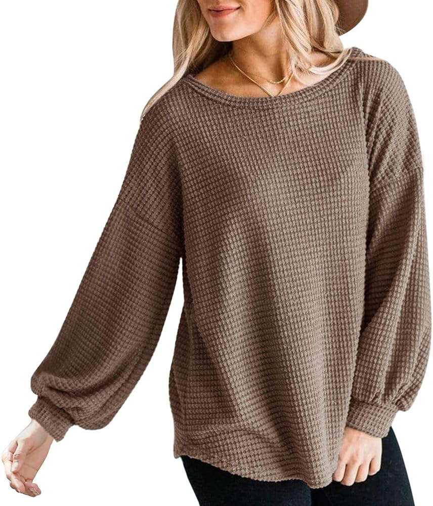 MEROKEETY Womens Long Balloon Sleeve Waffle Knit Tops Crew Neck Oversized Sweater Pullover | Amazon (US)