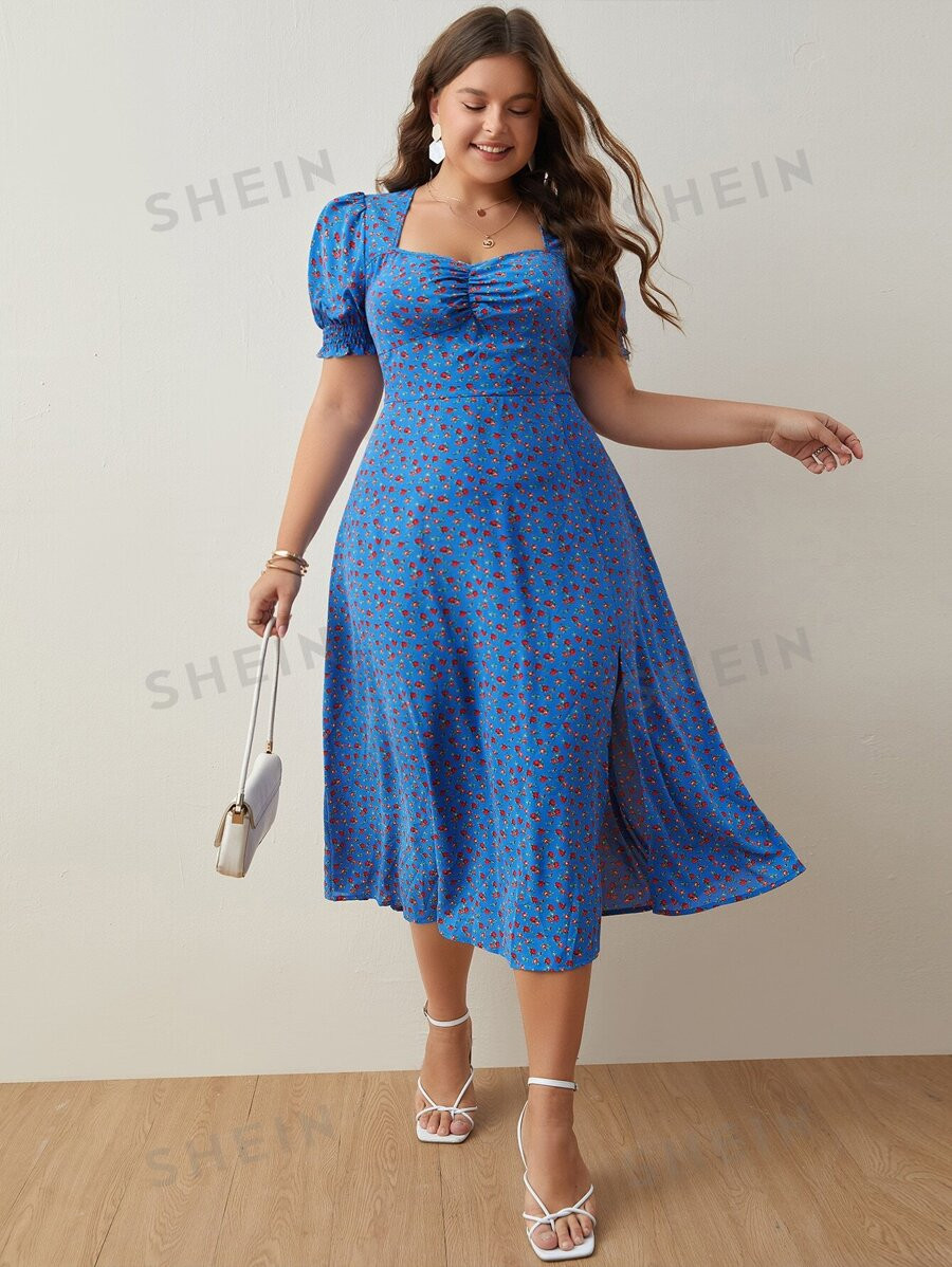 SHEIN Frenchy Plus Ditsy Floral Print Ruched Bust Split Thigh Dress | SHEIN