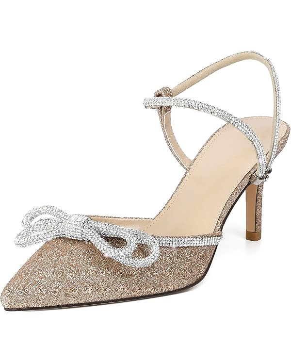 Susanny Women's Closed Toe Rhinstone Wedding Low Heel Slingback Clear Kitten Heels,Adjustable Str... | Amazon (US)