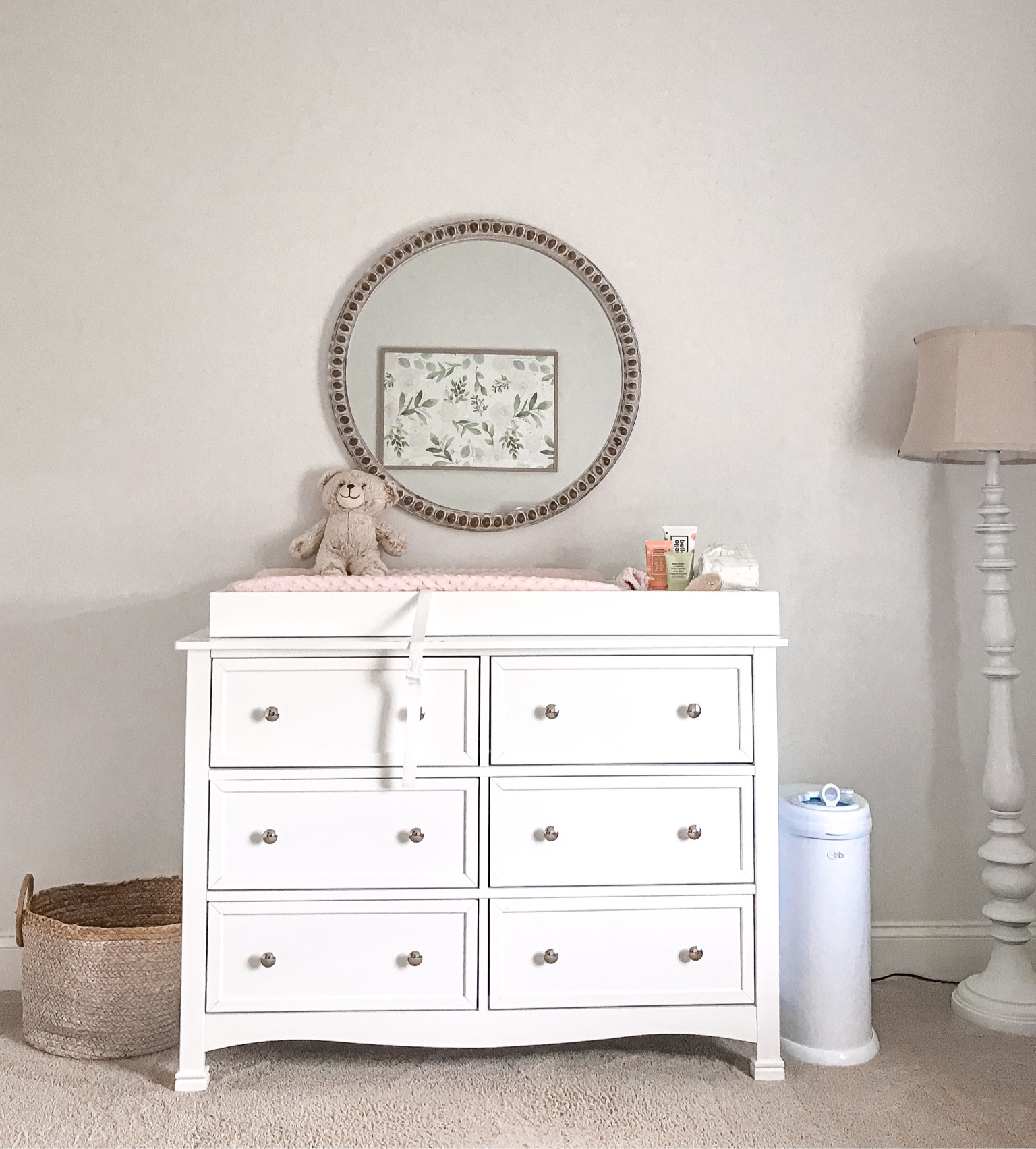 You won’t believe the amazing price of this round beaded mirror! The basket to the left of the dresser and the floor lamp couldn’t be linked. I tried to find a similar basket and floor lamps linked! The dresser, changing tray, pad and pad covers and organization also linked along with the diaper pail. 
#neutralnursery #babygirlnursery #earthtonesnursery #minimalistnursery #roundbeadedmirror #babygirldresser #diaperpail #nursery

#LTKhome #LTKfamily #LTKbaby