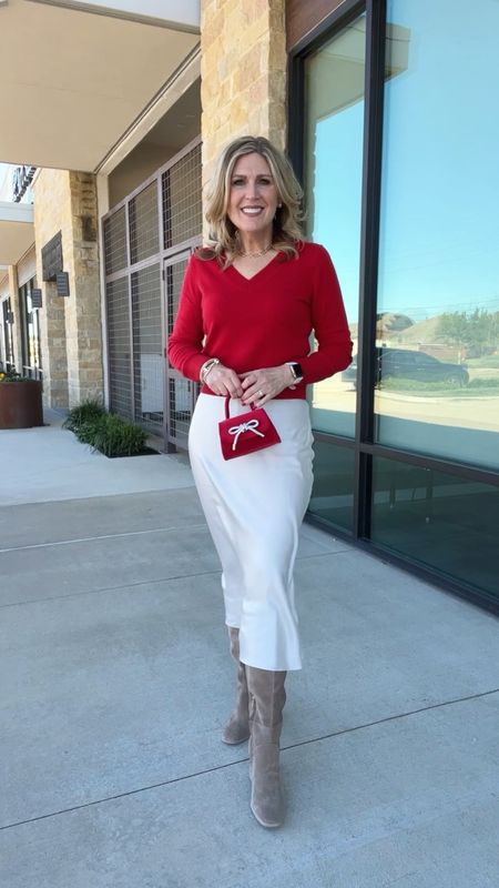 Simple yet beautiful holiday look. Easy to wear after holidays simply changing the color of sweater and accessories! Sweater is sold out in red, but linking some similar options. Skirt is fabulous! Fully stocked. Runs tts. Boots are amazing! Run tts. Don’t miss this bag! 

#LTKHoliday #LTKVideo #LTKSeasonal