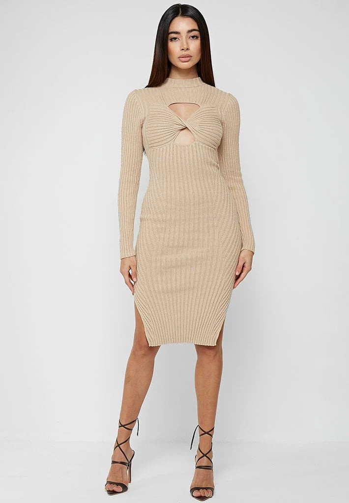 Twisted Bust Knitted Midi Dress - Beige | Maniere De Voir