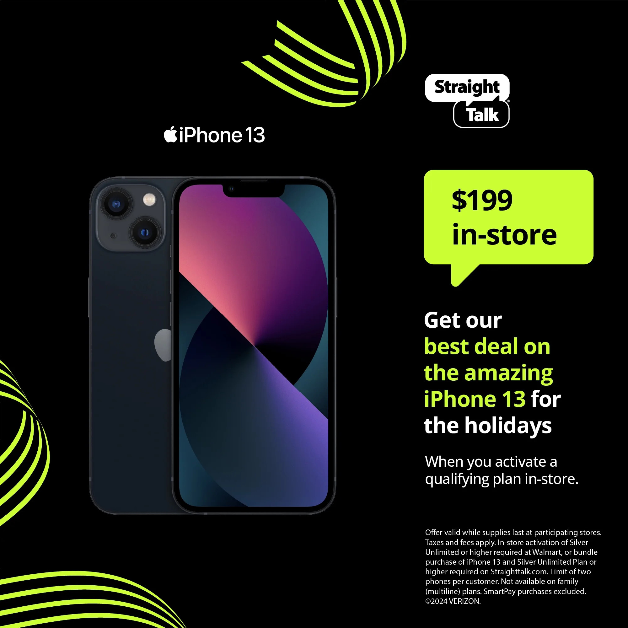 Straight Talk Apple iPhone 13, 128GB, Midnight - Prepaid Smartphone [Locked to Straight Talk] | Walmart (US)