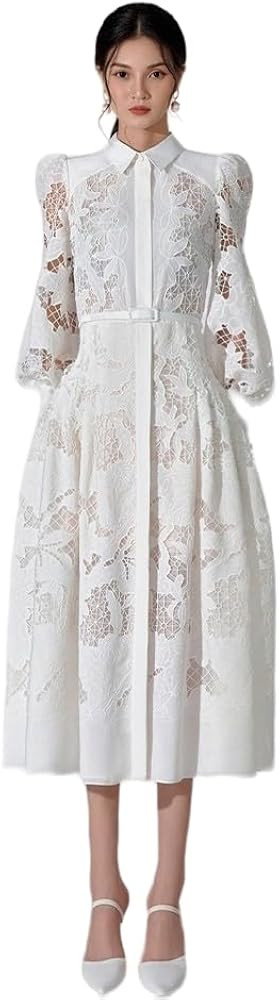 2024 Spring Womens White Floral Embroidered Collared Neck Cutout Long Puff Sleeve Goddess Belted ... | Amazon (US)