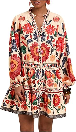 SOLY HUX Women's Floral Print Summer Short Dresses Boho Beach Long Sleeve Button Down Flowy Smock... | Amazon (US)