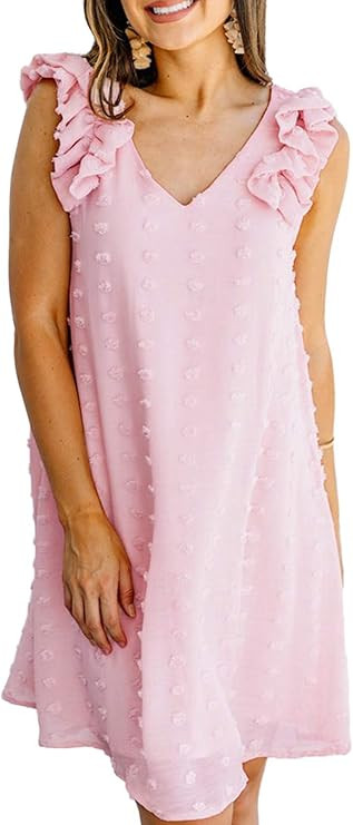 Sidefeel Womens V Neck Sleeveless Ruffle Chiffon Swiss Dot Shift Dress | Amazon (US)
